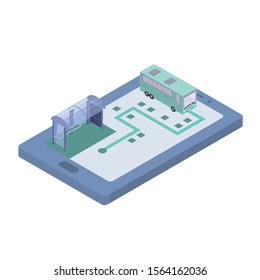 Concept mobile application for tracking the movement of the bus. Phone for tracking. Isometric style. Vector isolated illustration.