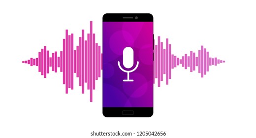 Concept of mobile application voice recognition. Sound wave with imitation of voice and microphone icon. Vector illustration.