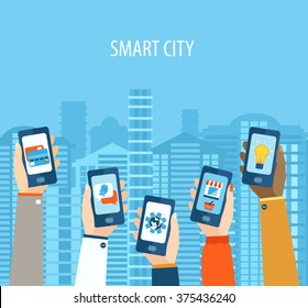  Concept for mobile apps, Flat web design template  of smart city and internet of things and everything, future technology for living. Vector illustration.