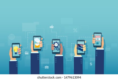 Concept For Mobile Apps Multifunction. Vector Of Multiple Hands Holding Smartphone Using Different Mobile Applications.