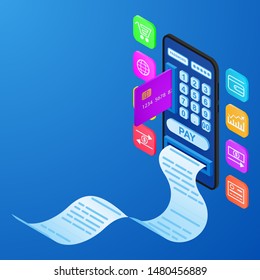 The concept of mobile banking. Cash transactions via credit card and smartphone. Password protection.Isometric illustrations. Vector