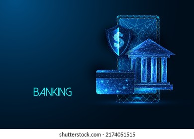 Concept Of Mobile Banking, Finance Management With Phone, Bank, Credit Card, Protective Shield