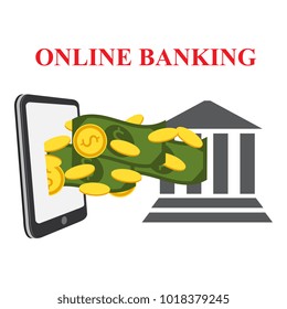 Concept for mobile banking and online payment. Vector flat illustration. Flat cartoon style. Send money via smartphone