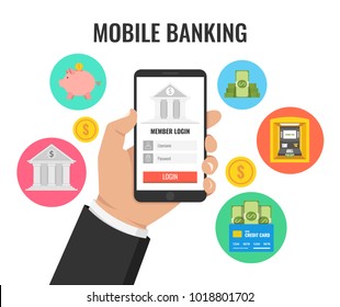 Concept for mobile banking and online payment. Finance icons set. Vector illustration.