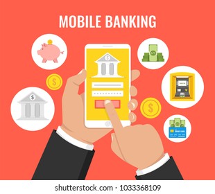 Concept for mobile banking and online payment. Finance icons set. Vector illustration.