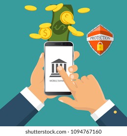 Concept for mobile banking and online payment. Vector flat illustration. Flat cartoon style. Send money via smartphone