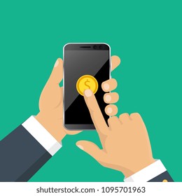 Concept for mobile banking and online payment. Vector flat illustration. Flat cartoon style. Send money via smartphone