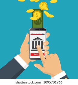 Concept for mobile banking and online payment. Vector flat illustration. Flat cartoon style. Send money via smartphone