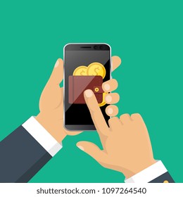 Concept for mobile banking and online payment. Vector flat illustration. Flat cartoon style. Send money via smartphone