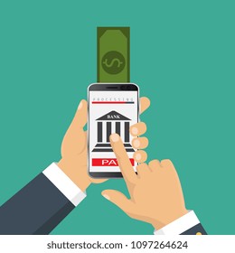 Concept for mobile banking and online payment. Vector flat illustration. Flat cartoon style. Send money via smartphone