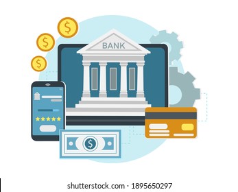 Concept for mobile banking and online payment. Using laptop and mobile smart phone for online banking and accounting. Vector flat illustration. Design for banner, landing page, flyer