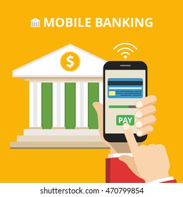 Concept for mobile banking and online payment. Vector flat illustration.