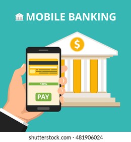 Concept for mobile banking and online payment. Vector flat illustration.