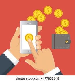 Concept for mobile banking and online payment. Vector flat illustration. Flat cartoon style. Send money via smartphone