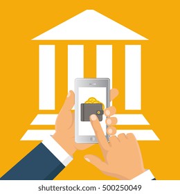 Concept for mobile banking and online payment. Vector flat illustration. Flat cartoon style. Send money via smartphone