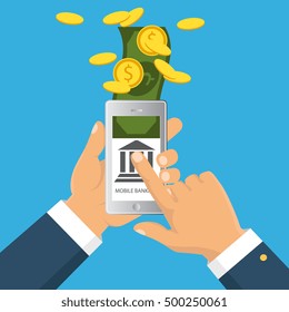 Concept for mobile banking and online payment. Vector flat illustration. Flat cartoon style. Send money via smartphone