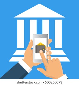 Concept for mobile banking and online payment. Vector flat illustration. Flat cartoon style. Send money via smartphone