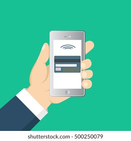 Concept for mobile banking and online payment. Vector flat illustration. Flat cartoon style. Send money via smartphone