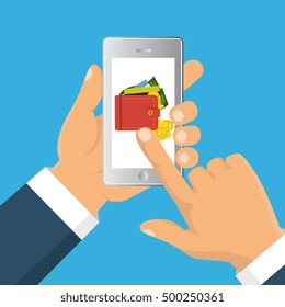 Concept for mobile banking and online payment. Vector flat illustration. Flat cartoon style. Send money via smartphone