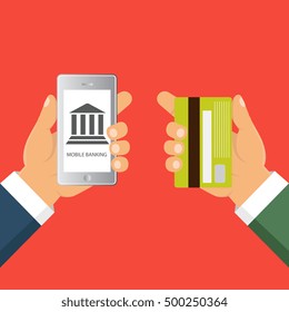 Concept for mobile banking and online payment. Vector flat illustration. Flat cartoon style. Send money via smartphone