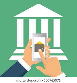Concept for mobile banking and online payment. Vector flat illustration. Flat cartoon style. Send money via smartphone