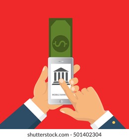 Concept for mobile banking and online payment. Vector flat illustration. Flat cartoon style. Send money via smartphone