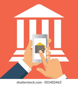 Concept for mobile banking and online payment. Vector flat illustration. Flat cartoon style. Send money via smartphone