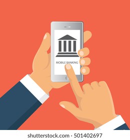 Concept for mobile banking and online payment. Vector flat illustration. Flat cartoon style. Send money via smartphone