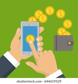 Concept for mobile banking and online payment. Vector flat illustration. Flat cartoon style. Send money via smartphone