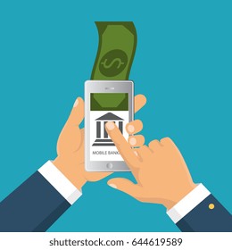 Concept for mobile banking and online payment. Vector flat illustration. Flat cartoon style. Send money via smartphone
