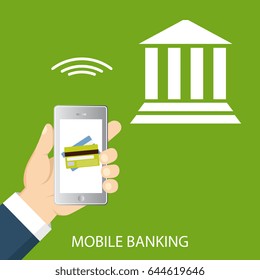 Concept for mobile banking and online payment. Vector flat illustration. Flat cartoon style. Send money via smartphone