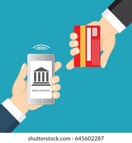 Concept for mobile banking and online payment. Vector flat illustration. Flat cartoon style. Send money via smartphone