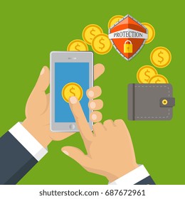 Concept for mobile banking and online payment. Vector flat illustration. Flat cartoon style. Send money via smartphone