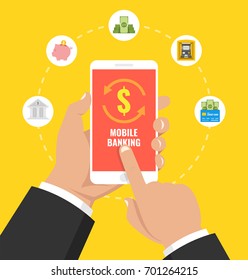 Concept for mobile banking and online payment. Finance icons set. Flat cartoon style. Vector illustration.