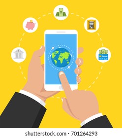 Concept for mobile banking and online payment. Finance icons set. Flat cartoon style. Vector illustration.