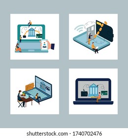 The concept of mobile banking and online payments. Icon set. Flat cartoon style. Vector illustration