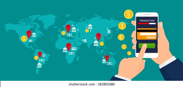 concept of mobile banking. Mobile payments, mobile banking and transactions around the world. Vector illustration.