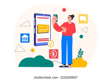 Konzept Mobile Banking mit Menschen-Szene in der flachen Cartoon-Design. Frauen vergleicht Informationen über Finanztransaktionen auf dem Telefon. Vektorgrafik.