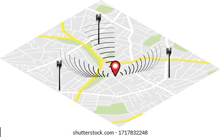 Concept: mobile cell phone tower triangulation. Three cell towers with focusing signals.