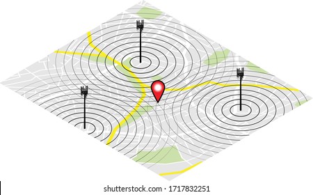 Concept: mobile cell phone tower triangulation. Three cell towers with intersecting signals on a road map.