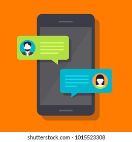 Concept of a mobile chat or conversation of people via mobile phones. Can be used to illustrate globalization, connection, phone calls or social media topics.