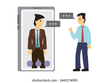 Concept of a mobile chat or conversation of people via mobile phones. Illustrate globalization or connection. Flat isolated vector cartoon illustration.