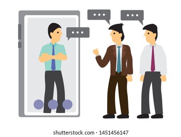 Concept of a mobile chat or conversation of people via mobile phones. Illustrate globalization or connection. Flat isolated vector cartoon illustration.