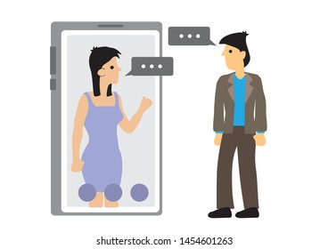 Concept of a mobile chat or conversation of people via mobile phones. Illustrate globalization or connection. Flat isolated vector cartoon illustration.