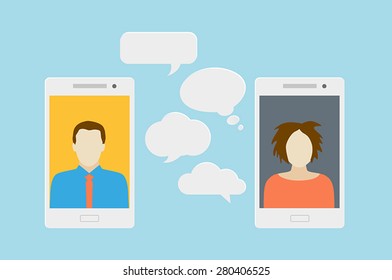 Concept of a mobile chat or conversation of people via mobile phones. Can be used to illustrate globalization, connection, phone calls or social media topics.