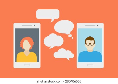 Concept of a mobile chat or conversation of people via mobile phones. Can be used to illustrate globalization, connection, phone calls or social media topics.