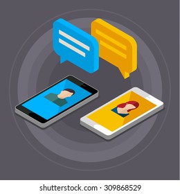 Concept of a mobile chat or conversation of people via mobile phones. Can be used to illustrate globalization, connection, phone calls or social media topics. Flat design, vector illustration.