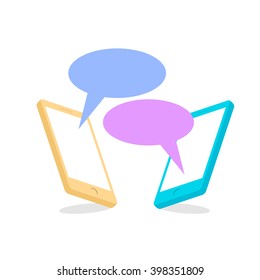 Concept of a mobile chat or conversation of people via mobile phones. Speech bubbles, communication symbol. Vector logo icon template