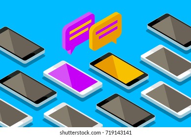 Concept of a mobile chat or conversation of people via mobile phones. Can be used to illustrate globalization, connection, phone calls or social media topics. Flat design, vector illustration.