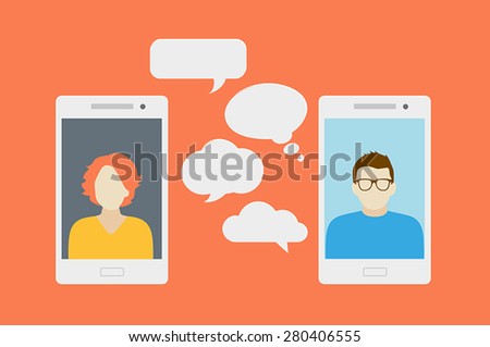 Concept of a mobile chat or conversation of people via mobile phones. Can be used to illustrate globalization, connection, phone calls or social media topics.